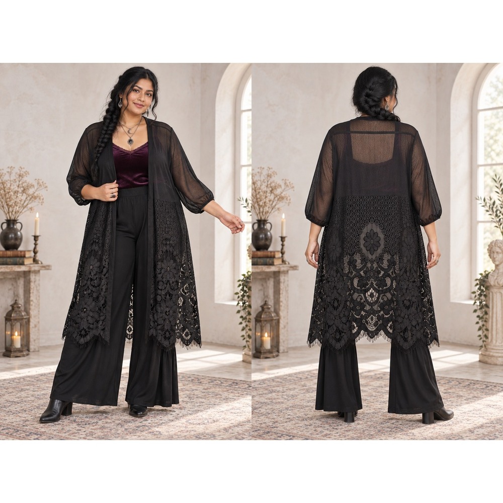 Whimsigoth Boho Romantic Black Floral Lace Open Front 2X Cardigan Kimono Shrug